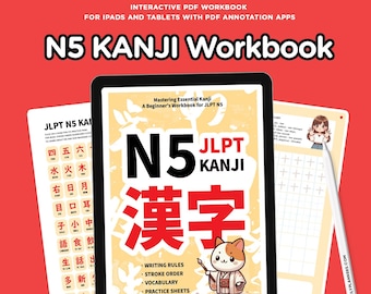 May include: A digital workbook for learning Japanese kanji. The cover features a yellow background with the text "N5 JLPT KANJI" in black and red. The workbook is designed for beginners and includes writing rules, stroke order, vocabulary, and practice sheets.