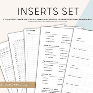 May include: A set of printable planner inserts for use with a digital planner. The inserts include sections for finance, health, fitness, organization, and productivity, as well as a daily gratitude log. The text "BONUS! DIGITAL WIDGETS SET" is printed at the bottom of the page.