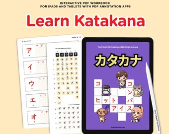 May include: A purple and white digital workbook with the title "Learn Katakana" and a crossword puzzle with the word "Katakana" in Japanese characters. The crossword puzzle features illustrations of a dog, a cat, a cup of coffee, a clock, and a person holding an ice cream cone.