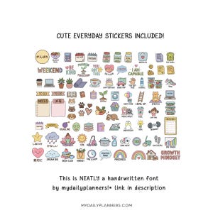 May include: A collection of colorful, small, hand-drawn stickers featuring various icons like food, plants, household items, and motivational phrases. The text CUTE EVERYDAY STICKERS INCLUDED! appears at the top, with additional text at the bottom.
