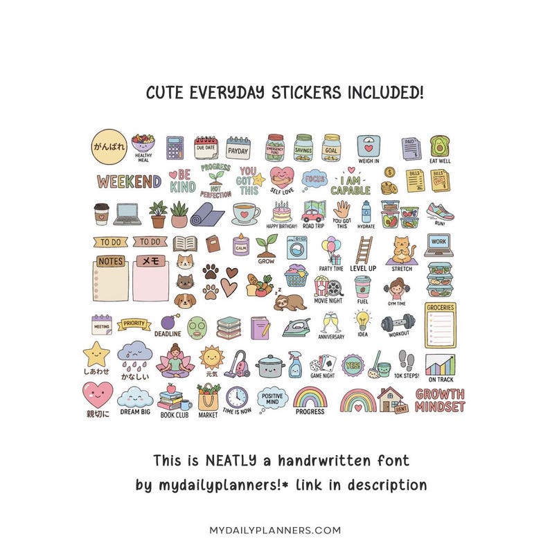 May include: A collection of colorful, small, hand-drawn stickers featuring various icons like food, plants, household items, and motivational phrases. The text CUTE EVERYDAY STICKERS INCLUDED! appears at the top, with additional text at the bottom.