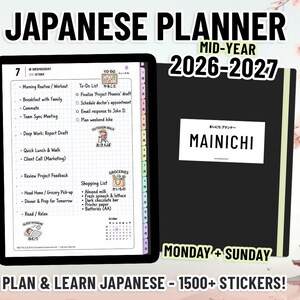 May include: A digital Japanese planner for 2026-2027 titled MAINICHI, featuring a black cover and an open page layout with a daily schedule, to-do list, shopping list, and small illustrations. The planner includes over 1500 stickers for organization.