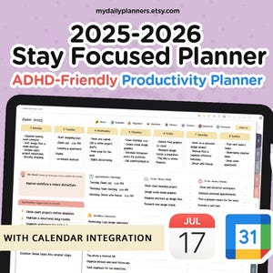 Blijf gefocust Digitale ADHD-planner | Productiviteitsplanner met hyperlinks met integratie van Apple en Google Agenda 2025-2026 halverwege het jaar