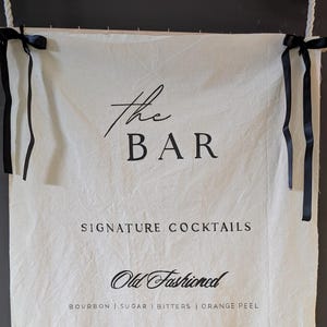 Letrero de bebida de autor / Menú de bar de lino pintado a mano / Pintado a mano / Lino / Menú de cóctel de tela personalizable / Señalización de boda