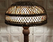 Authentic Vintage 1910-1915 Arts Crafts Heywood-Wakefield Type Wicker Table Lamp - Brown Paint With Original Shade Decorative Silk Fabric