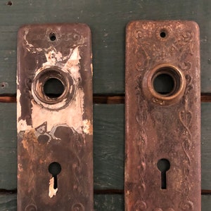 May include: Two antique, ornate, metal door plates with keyholes and decorative details. The plates are rusty and have a worn, aged appearance.