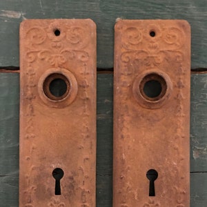 May include: Two rusty metal door plates with ornate designs and keyholes. The plates are rectangular and have a brown patina.