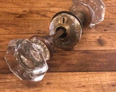 Authentic Vintage 1920 39 s - 1930 39 s Pair of Hexagon Shaped Glass Door Knobs With Spindle, Round Back Plates Set Screws