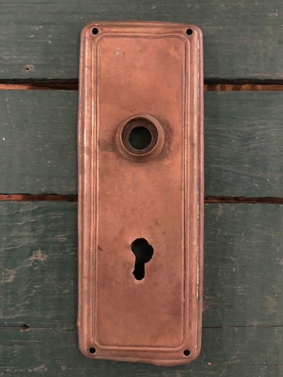 Antique Pressed Brass Door Knob Backplate - Original Patina, Key