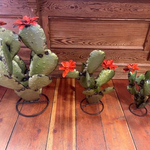 Handmade Rustic Cutout, Shaped & Welded Tin Metallic Olive Green Prickly Pear Cactus Stands With Orange Flowers - Yard Art - Offer 3 Sizes