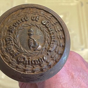 Rare Vintage Early 1900's Forged Cast Iron Metal City of Chicago Board of Education Door Knob - Hand Holding Torch Image - Rustic Patina!