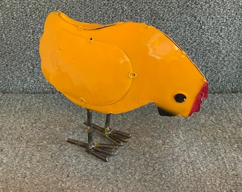 Authentic Handmade Cutout, Shaped & Welded Tin/Metal Rustic Looking Yellow Body With Red Top of Head Baby Chicken Chick - Farm Animal