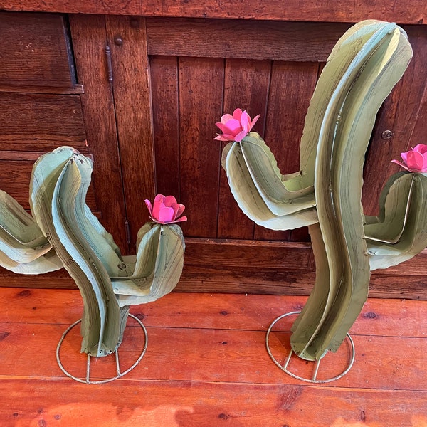 Handmade Cutout, Shaped & Welded Metal Wavy Style Rustic/Distressed Light Green Saguaro Cactus With Pink Flowers Offer 2 sizes - Garden Art