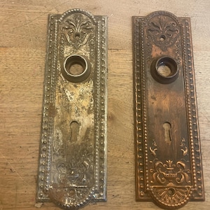 May include: Two rectangular metal door plates featuring ornate embossed floral patterns, a central circular knob opening, and a lower keyhole. One plate has a weathered silver-toned finish, while the other displays a dark copper-toned patina.