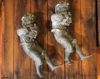 Authentic PaIr of Vintage 1910's Cherub Boy Holding Flowers Pot Metal Statues From Fountain - Great Garden Decoration/Fountain/Wall Display