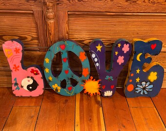 Authentic Handmade Cutout, Shaped & Welded Colorful Colors and 1960&#39;s Hippy Look Styling LOVE Sign Hanging Wall Decor or Garden Yard Art