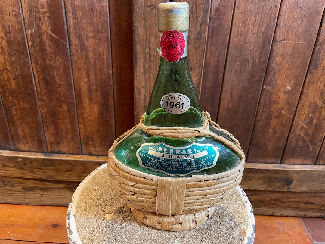 Vintage 1961 Empty Green Glass Bottle With Wicker Raffia Wrap Casa