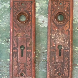 May include: Two antique, rectangular door plates with ornate, embossed floral designs. Each plate has a keyhole, a circular opening, and a reddish-brown finish with signs of wear, suggesting age and use. The plates are likely made of metal.