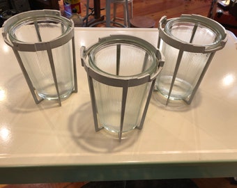 Vintage Industrial Glass Light Covers with Aluminum Cage (Set of 3)