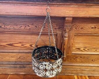 Handmade Shaped, Cutout & Welded Metal "Flowers" Style Hanging Plant Basket - Beautiful Distressed White Over Rustic Earthy Colors - 2 Sizes