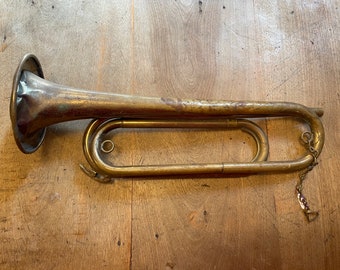 Authentic Vintage 1920's - 1930's Brass Bugle Musical Instrument With Original Patina Finish - Sold As Is  - Nice Looking Display Piece