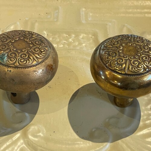 Authentic Pair Vintage Late 1800's Forged Bronze Door Knobs - Ornate Leaves & Scrolling Pattern - Victorian Style - Original Patina shops Finish