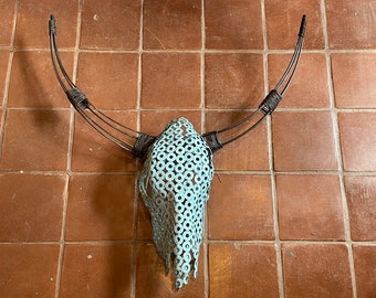 Handmade Rustic Western Style Longhorn Steer Skull/Head Made From Metal Washers & Wire Rods Aqua Blue Color Skull Natural Dark Metal Horns