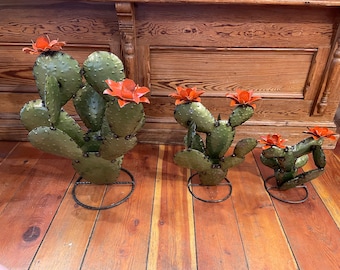 Handmade Rustic Cutout, Shaped & Welded Tin Metallic Olive Green Prickly Pear Cactus Stands With Orange Flowers - Yard Art - Offer 3 Sizes