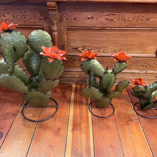 Handmade Rustic Cutout, Shaped & Welded Tin Metallic Olive Green Prickly Pear Cactus Stands With Orange Flowers - Yard Art - Offer 3 Sizes