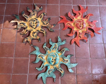 Handmade Clay Sun/Moon Solar Eclipse Celestial Style Metal Cutout Wavy Sun Flames - Wall Decor Yard Art 3 Rustic Color Combinations Offered