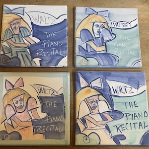 May include: Four square ceramic tiles with a watercolor-style design. Each tile features a girl playing the piano with the text "WALTZ THE PIANO RECITAL" or "VALSE THE PIANO RECITAL".