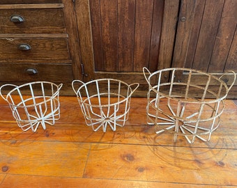 Authentic Set of 3 Sizes Handmade Cutout, Shaped & Welded Metal Chippy White Paint Plant/Flower Baskets With Carrying Handles - Garden Art!
