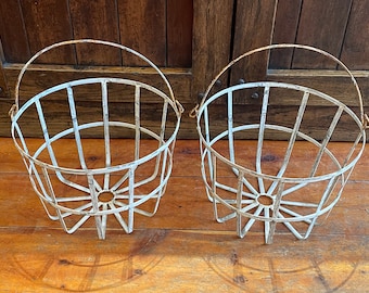 Authentic Pair Handmade Cutout, Shaped & Welded Tin/Metal Chippy White Paint Plant/Flower Baskets With Hoop Carrying Handle - Garden Art!