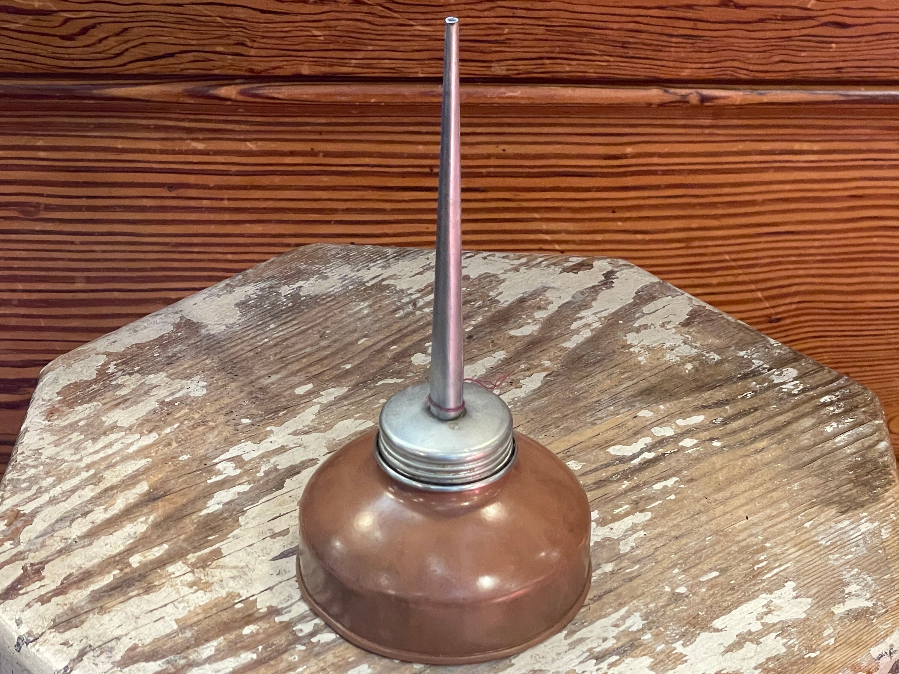 Authentic Vintage 1950's - 1960's Copper & Silver Colored Oil Can - Great Industrial/Steampunk Look - Fully Functional and All Original!