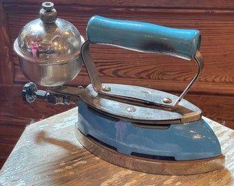 Authentic Vintage 1920's - 1930's Coleman Self - Heating Clothes Iron With Light Blue Enamel Finish & Wood Handle - Adjustable Heat Control