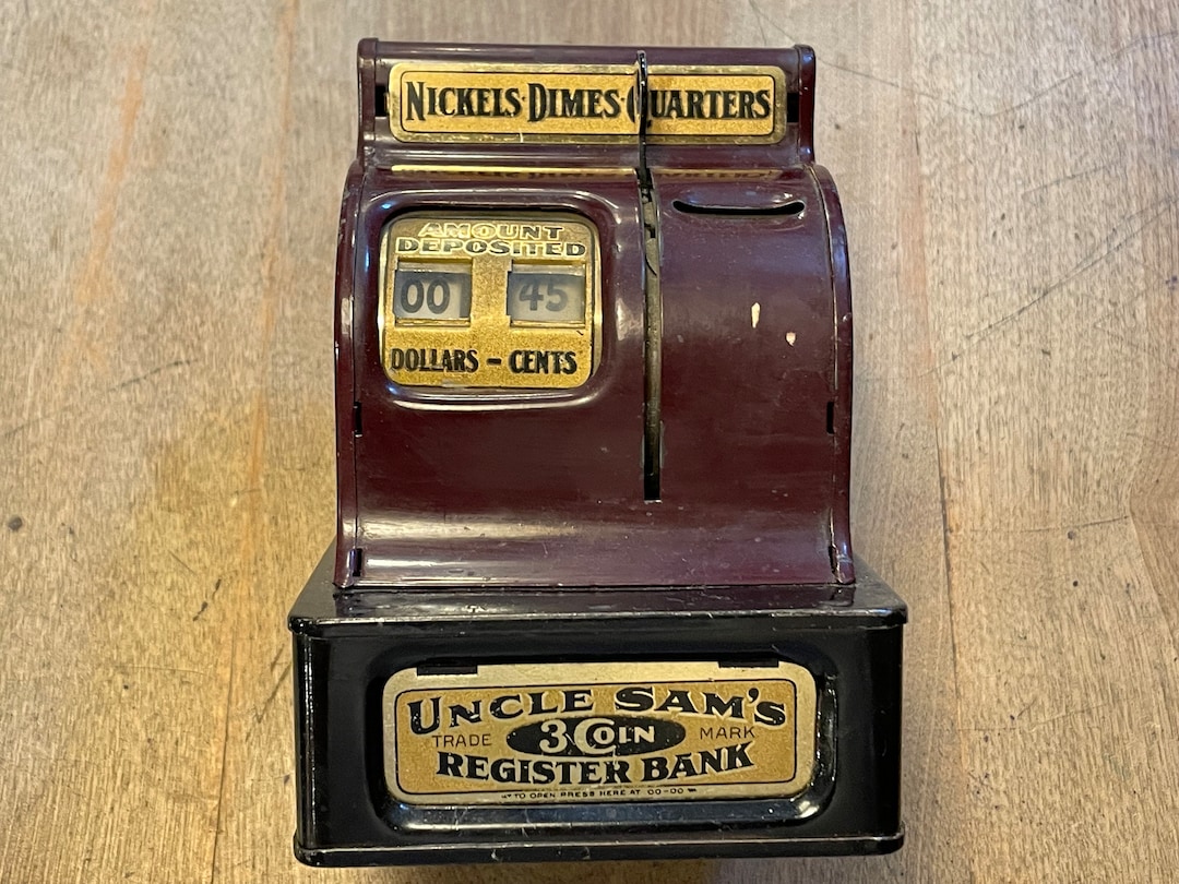 Vintage 1930's Uncle Sam's 3 Coin Register Bank Nickels, Dimes