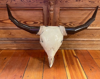 Authentic Handmade Shaped & Welded Metal Rustic Western Style Longhorn White Steer Skull/Head With Brown Horns and Wrapped Rope Wall Decor