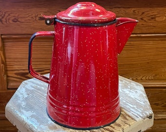 Vintage 1940's - 1950's Red With White Spots & Blue Edges Enamelware Coffee Pot - Western Colorado Ranch Used on Stove or Campfire - Cowboy