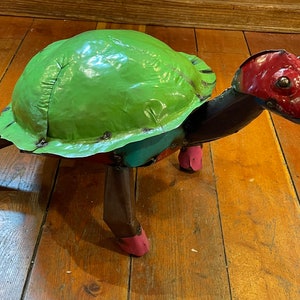 Authentic Handmade Cutout, Shaped & Welded Tin/Metal - Rustic/Distressed Colorful Paint Finish Extra-Large Turtle - Stunning Garden/Yard Art