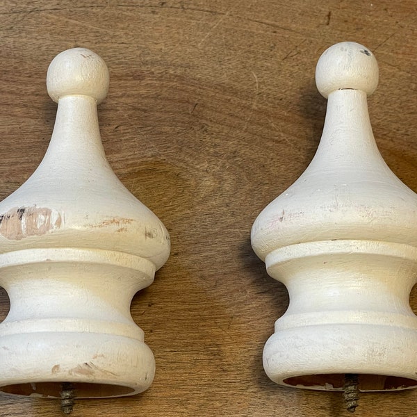 Lot of 2 Authentic Vintage 1970's - 1980's Matching Ornate Style White Paint Pine Wood Finials With Screw Attachment - Original Paint Finish