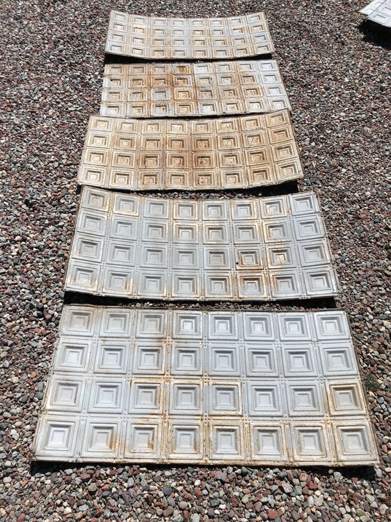 Late 1800s Pressed Tin Ceiling Tile Field Pieces Small Square Motif Original Light Gray With Patina Rescued From Aspen Co Building