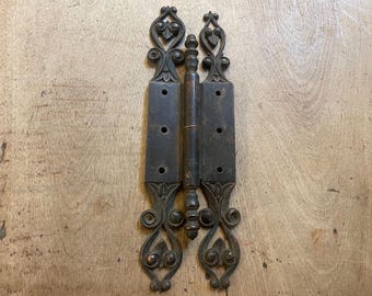 Authentic Vintage Early 1900’s Handmade Ornate Scrolled Style Copper Hinge With Original Dark Patina