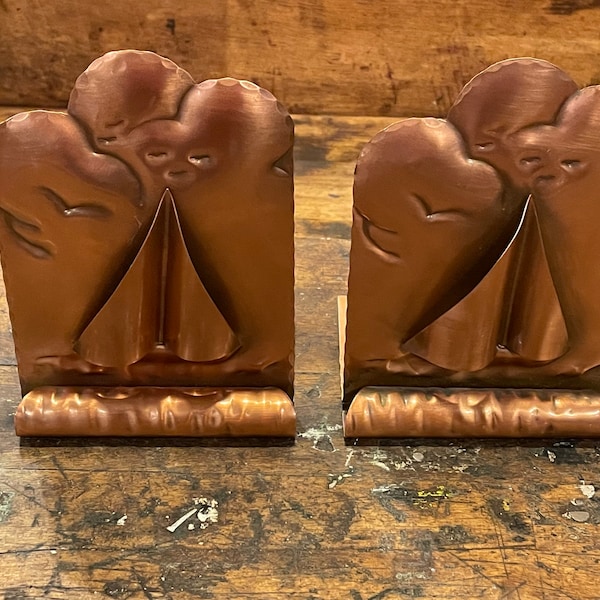 Vintage 1940's - 1950's Copper Bookends With Sailboat/Ocean/Clouds Relief Design - Original Finish - Marked: Registered Gregorian Copper 217