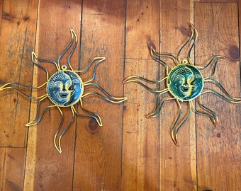 Handmade Clay Sun/Moon Solar Eclipse Style With Shaped Metal Wire Sun Flames - Wall Decor Yard Art - 2 Rustic Color Combinations Available