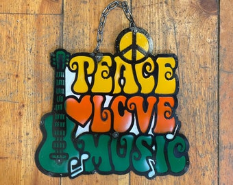 Authentic Handmade Rustic Cutout, Shaped & Welded Colorful Retro 1960's Hippy Look - Peace Love Music Sign With Guitar Image - Wall Decor
