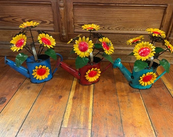 Handmade Rustic Cutout, Shaped & Welded Tin/Metal Sprinkling Cans Holding 5 Sunflowers With Sunflower on Each Side - 3 Can Colors Offered