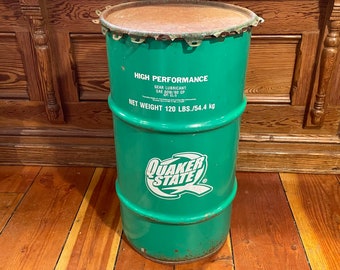 Authentic Vintage 2003 Quaker State High Performance Gear Lubricant 120 LB Metal Can With Lid - Man Cave Decor - Awesome Green Paint Color!