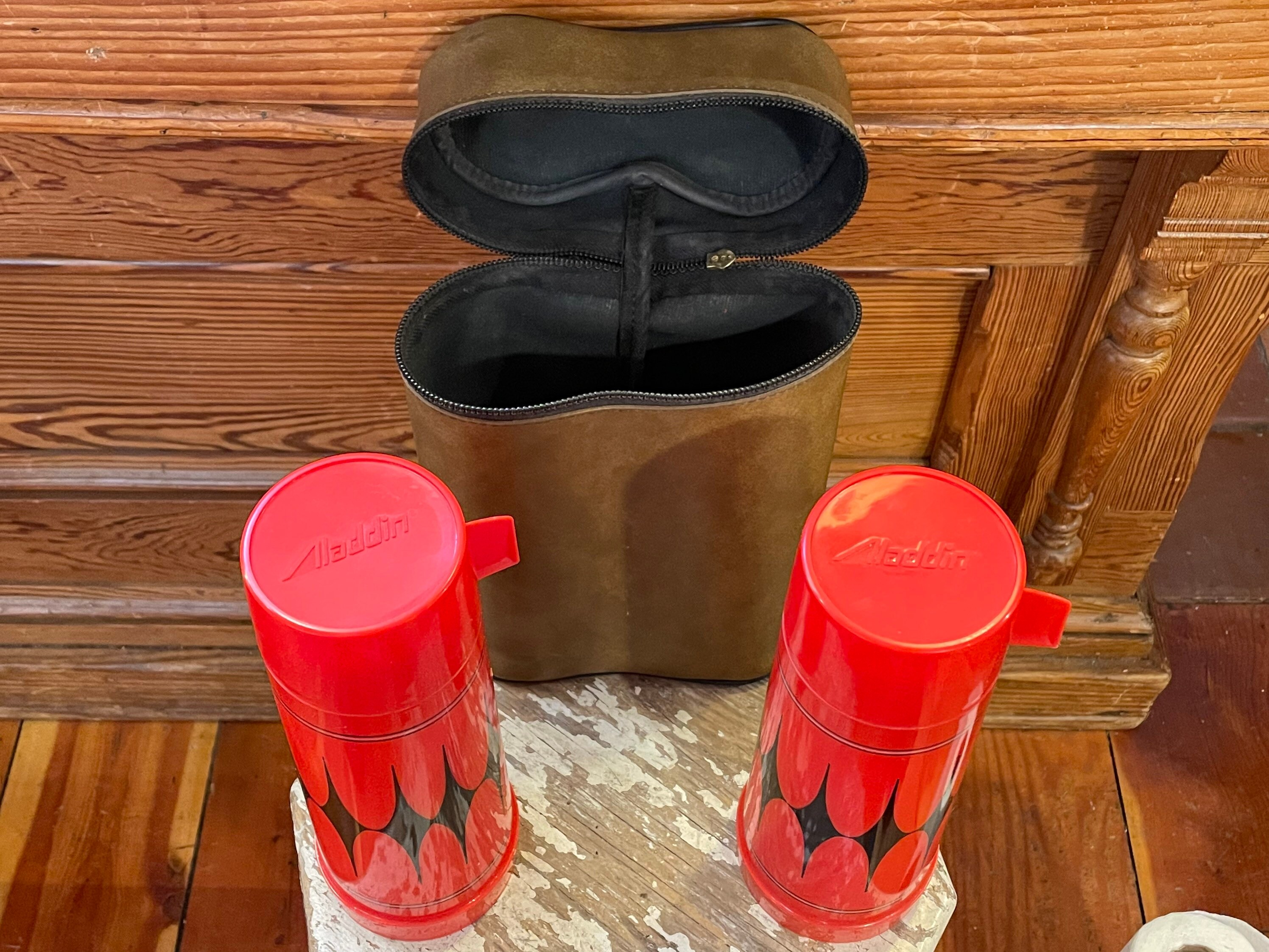 Vintage 1960s Aladdin Thermos Set – Black Diamond Pattern, Brown
