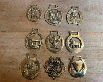 May include: Ten antique brass horse brasses with various designs, including a bird, a house, a heart, and a crown. The brasses are all in good condition and have a beautiful patina.