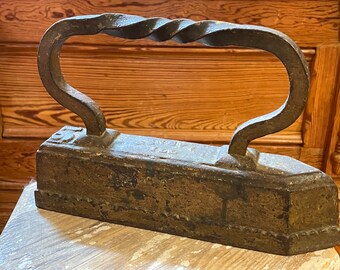 Very Unusual Authentic Vintage Late 1800's Large 16 Pounds Forged Steel Clothes Iron With Gold Patina Paint Finish - Marked: Geneva, ILL